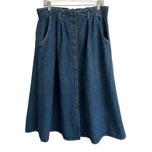 Vintage Denim Maxi Button Up Full Skirt With Pockets Women’s L Modest 90s Retro